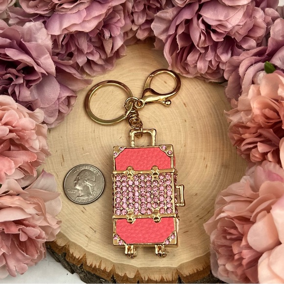 Pink & Gold Crystal Luggage Keychain Charm - Picture 14 of 16